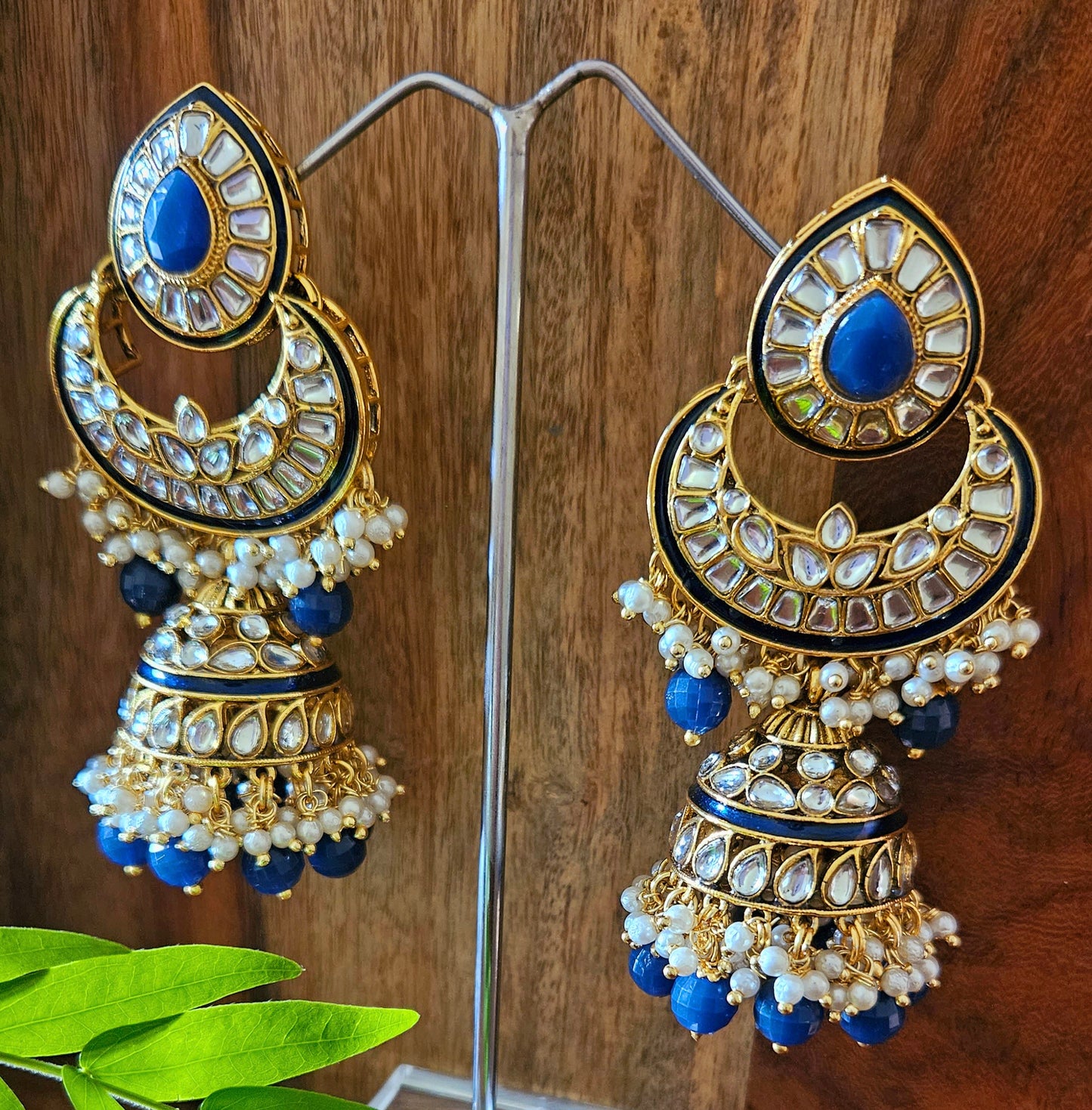 Gold finish big kundan jhumka (earrings), chaandbali with blue stone and kundan work