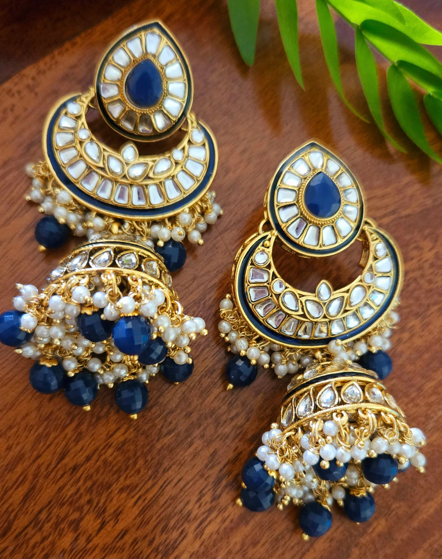 Gold finish big kundan jhumka (earrings), chaandbali with blue stone and kundan work