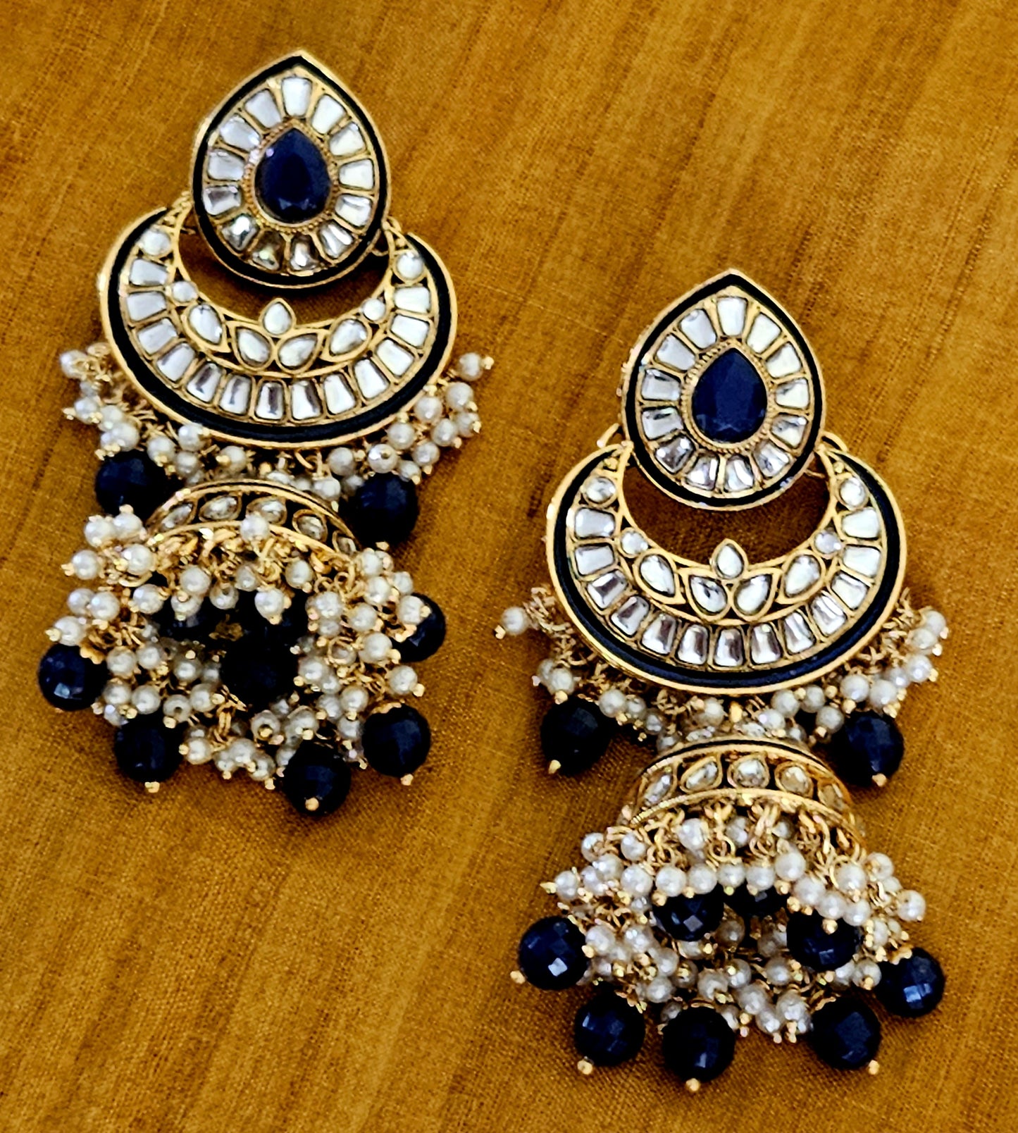 Gold finish big kundan jhumka (earrings), chaandbali with blue stone and kundan work