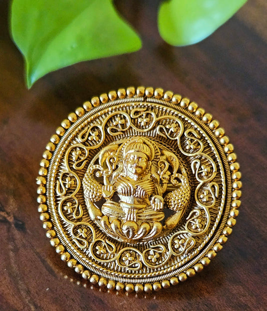 Gold finish temple jewelery ring with Lakshmi motif