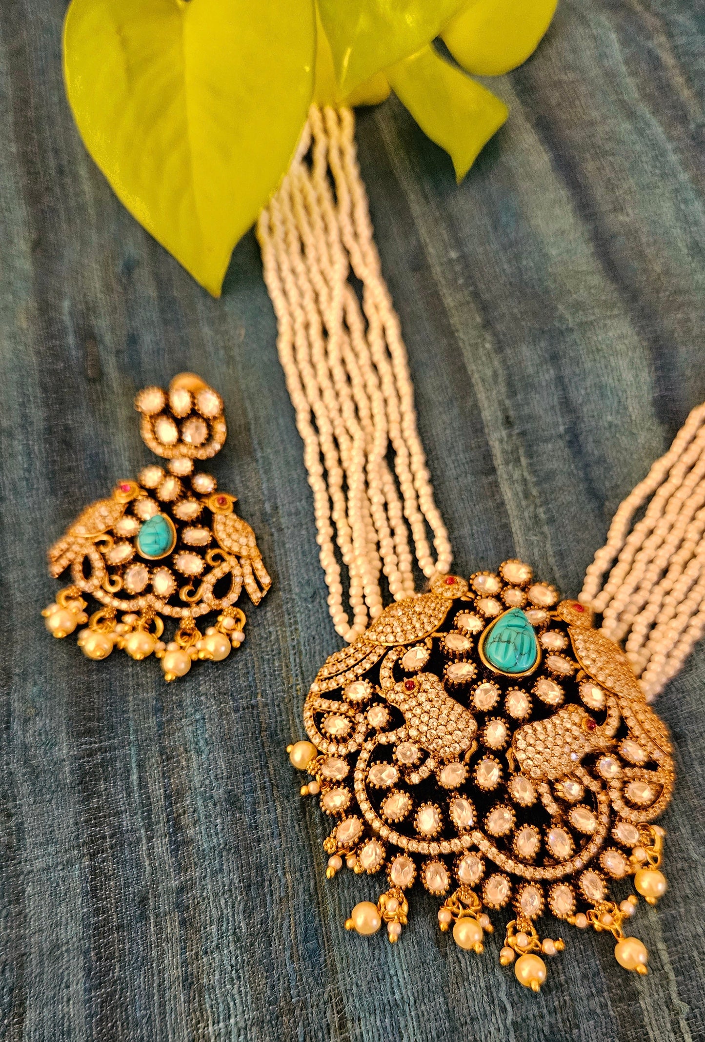 Antique finish set, poth pearl long necklace with parrot-elephant design pendant with blue firoza stone, matching earrings