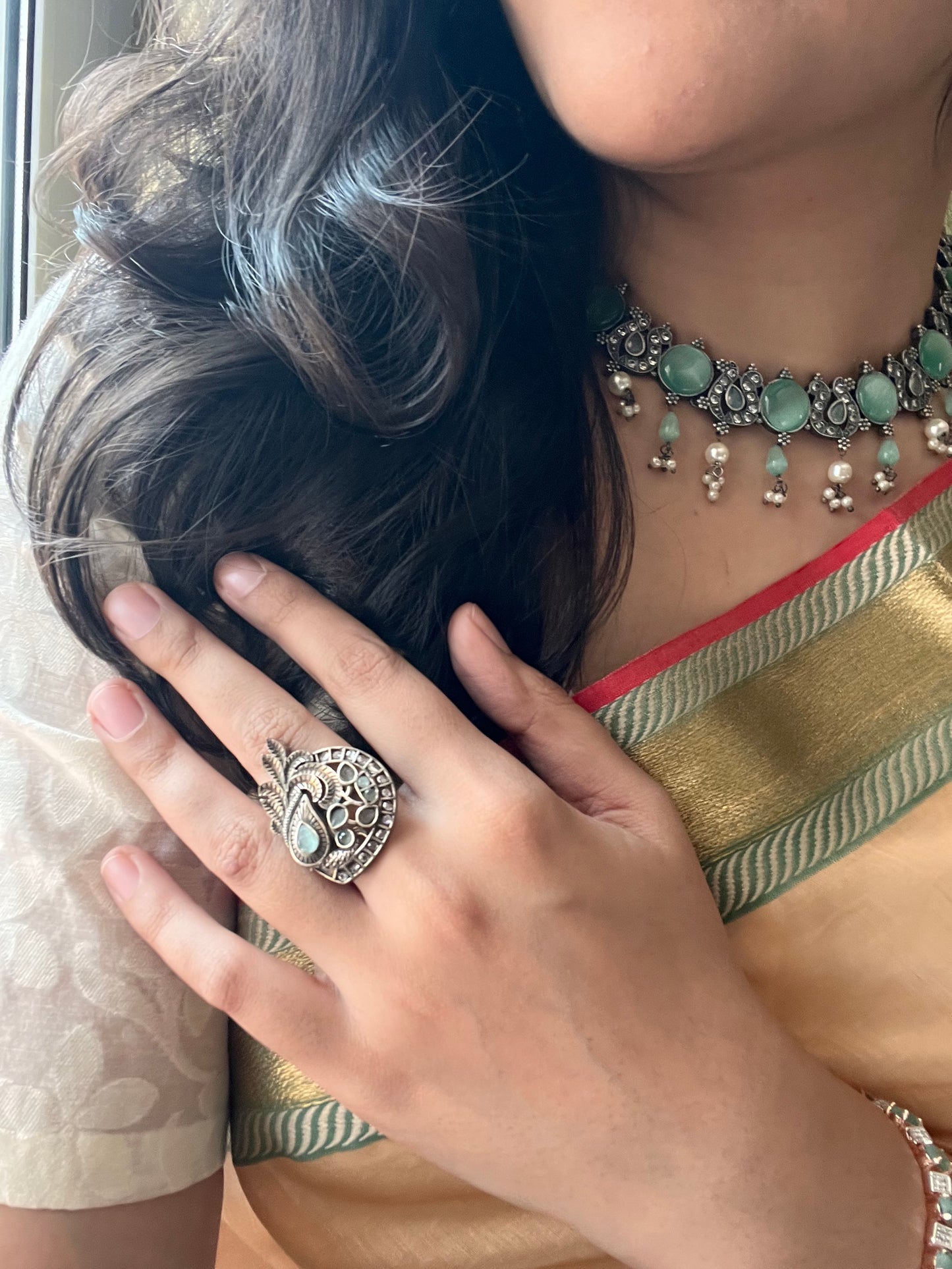 Statement ring with mint green/pale pink/deep pink stones in antique silver finish