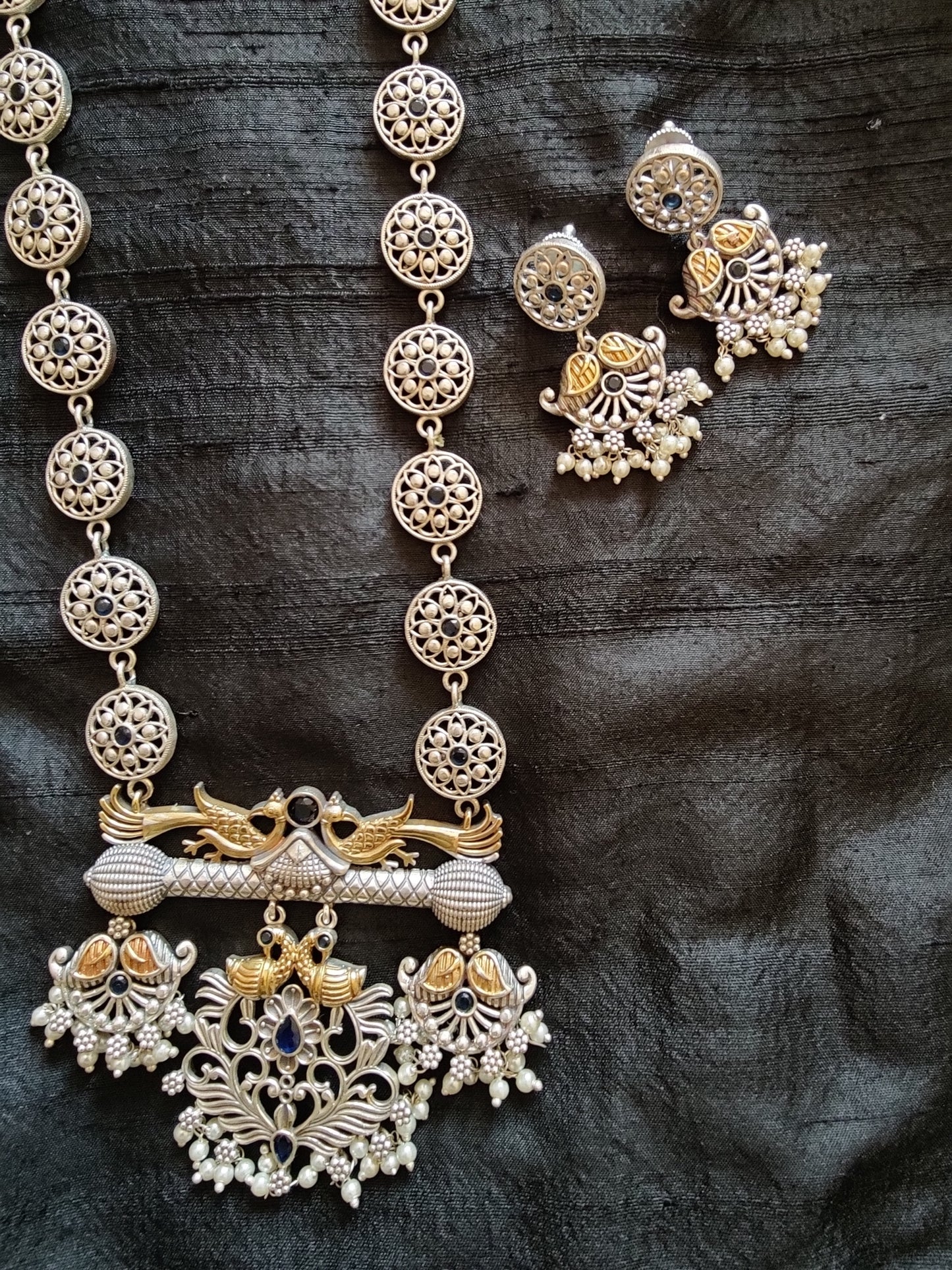 Dual tone peacock motif set with long necklace
