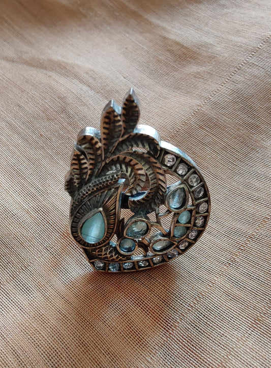Statement ring with mint green/pale pink/deep pink stones in antique silver finish