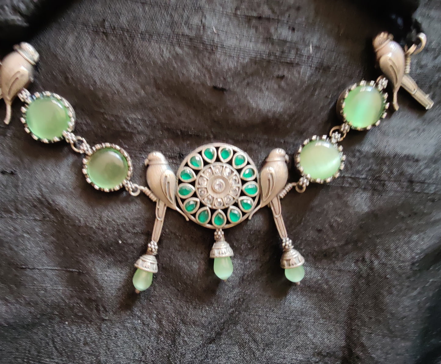 Parrot motif choker necklace and dangling earrings set