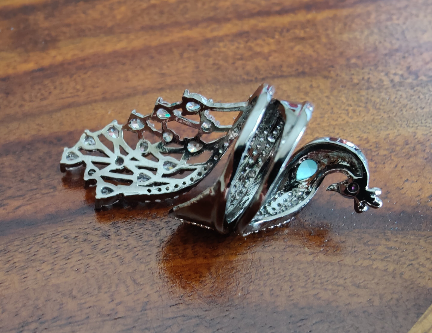 Statement peacock ring with white crystals & mint green/pink/peach/white/blue stone in silver/gold finish