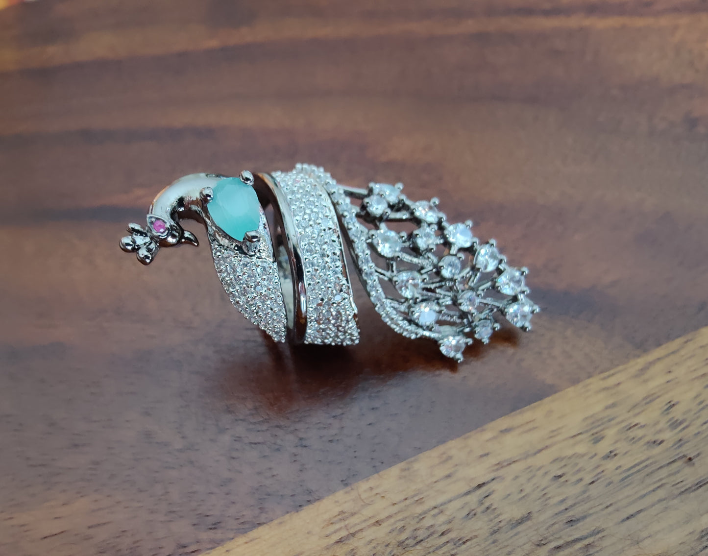 Statement peacock ring with white crystals & mint green/pink/peach/white/blue stone in silver/gold finish