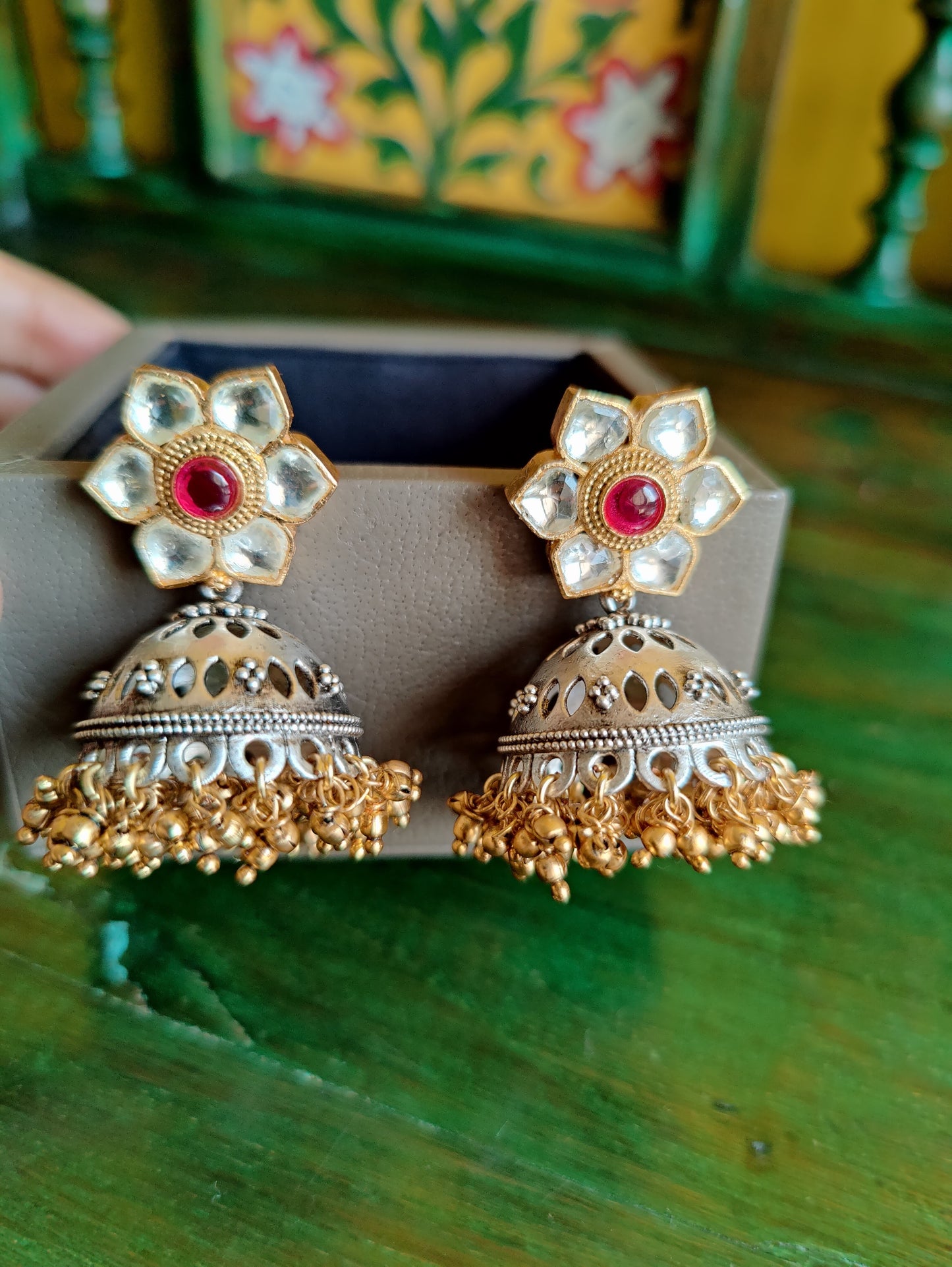 Gold finish lion motif set with multilayer pearl necklace, matching jhumka (earrings)