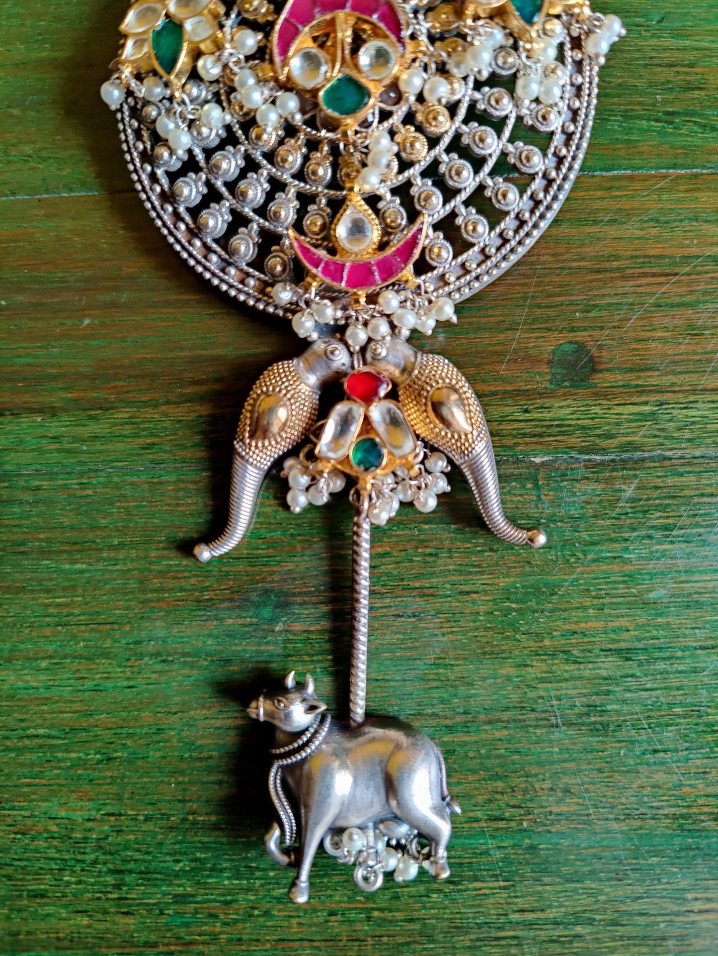 Dual tone set, necklace with nandi and parrot motif, kundan and stones inlay, matching parrot motif earrings