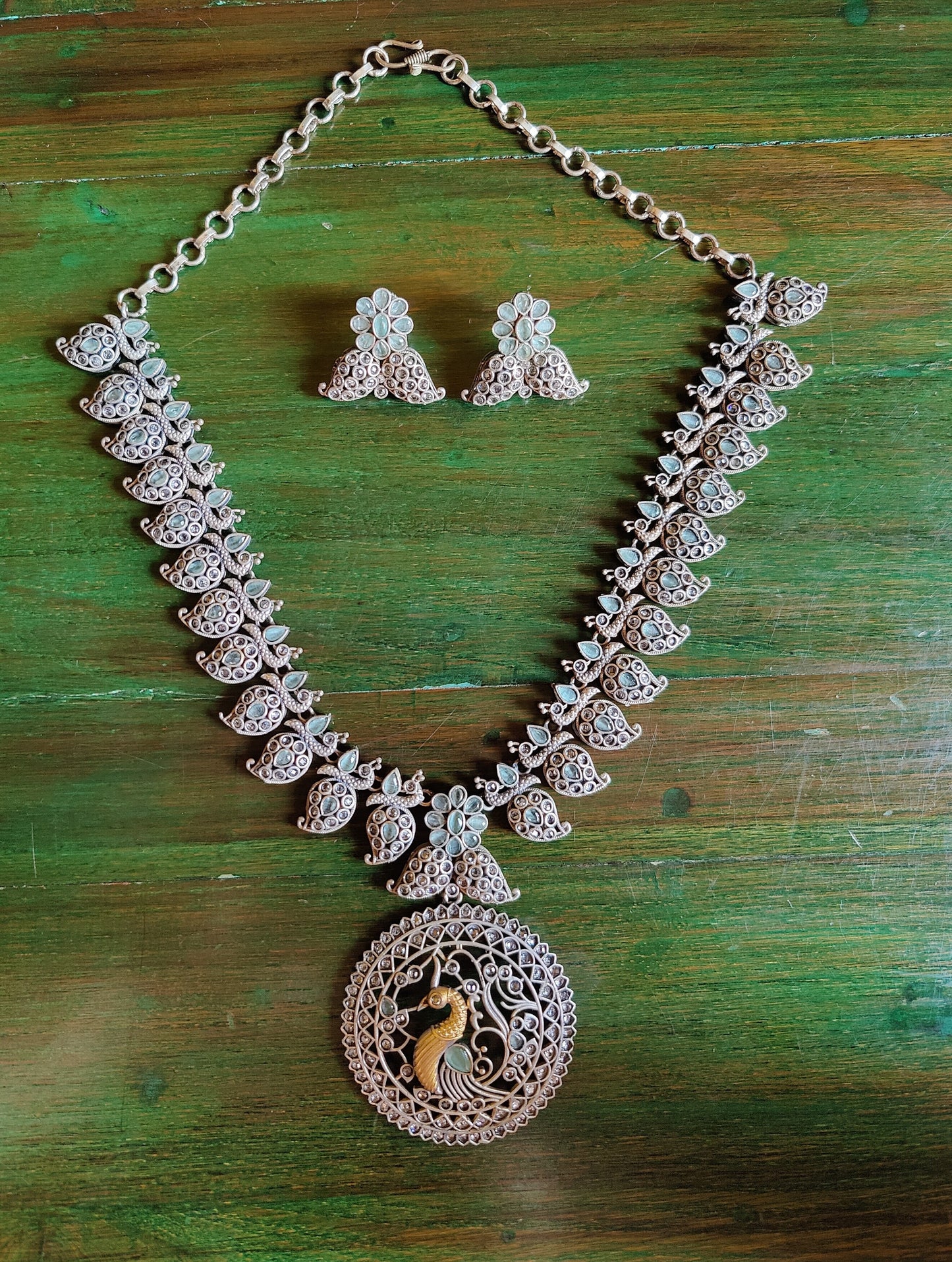 Dual tone temple jewelry set, peacock design necklace, mint green stones inlay, matching earrings