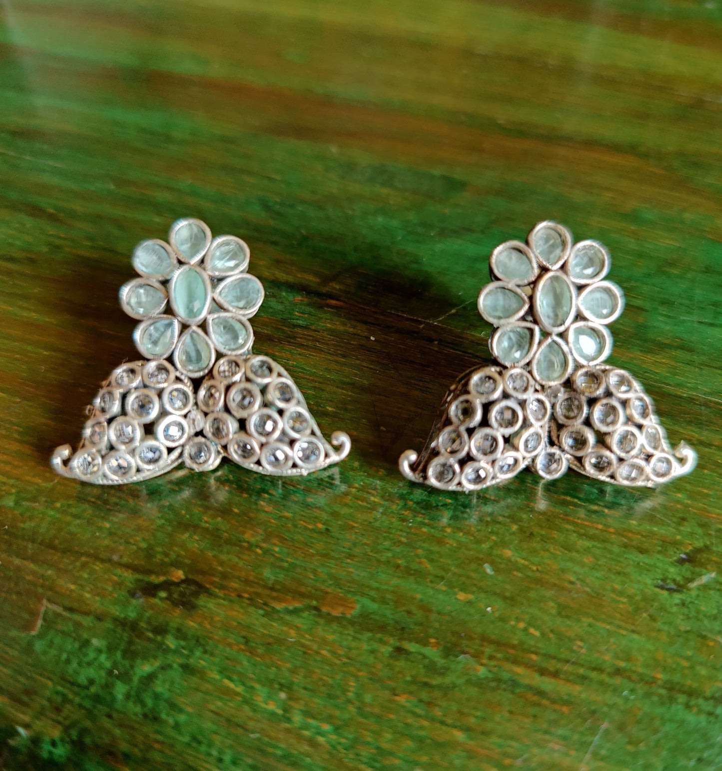 Dual tone temple jewelry set, peacock design necklace, mint green stones inlay, matching earrings