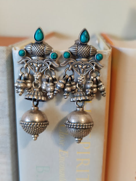 Silver earrings with dholna design with turquoise stone and hanging big silver sphere