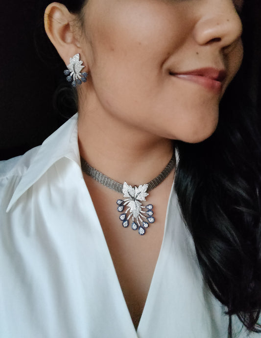 Victorian polish choker set with Maple leaf design in CZ and sapphire pendant on broad band, matching studs (earrings)