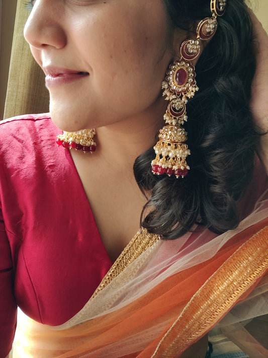 'Paro' long jadau kundan jhumkas (earrings) with a cresent chain