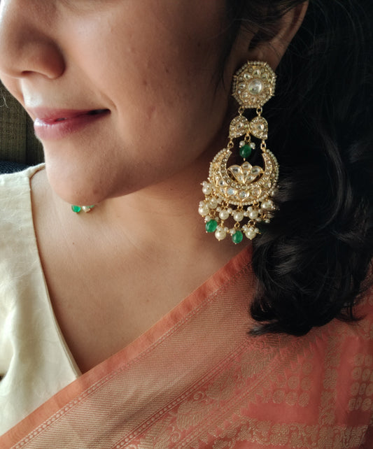 Gold finish big kundan earrings, chaandbali design in kundan with pearl and green stone