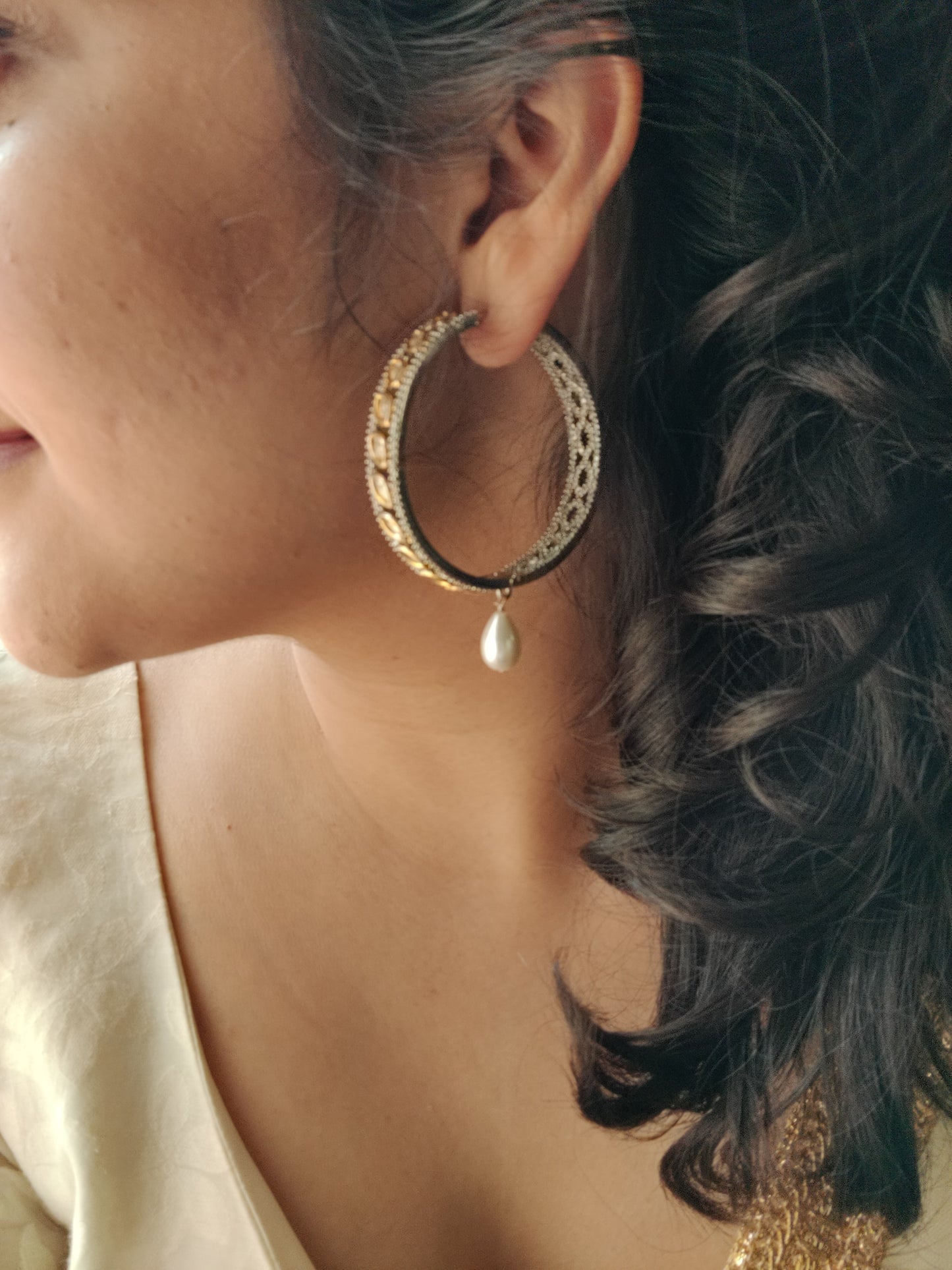 Silver finish big hoops with kundan detailing and pearl drop